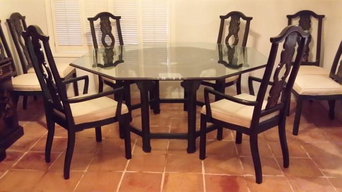 Octagonal glass top dining table with 8 chairs