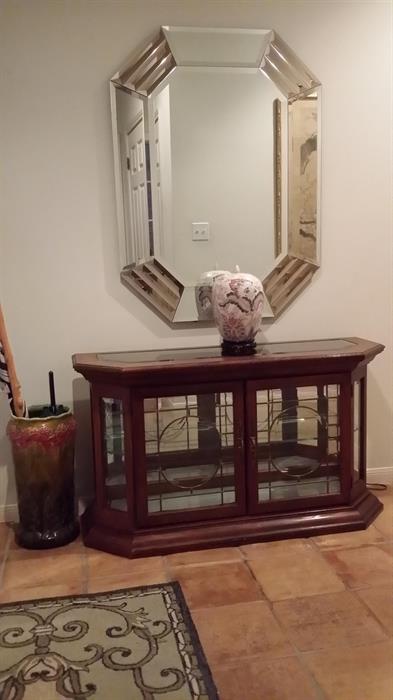 Leaded beveled glass curio cabinet (3 ft. tall) & beveled glass wall mirror