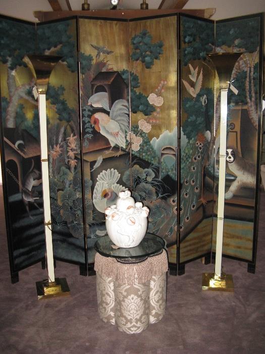 One of 3 Asian Screens, a pair of tall lamps, accent table.