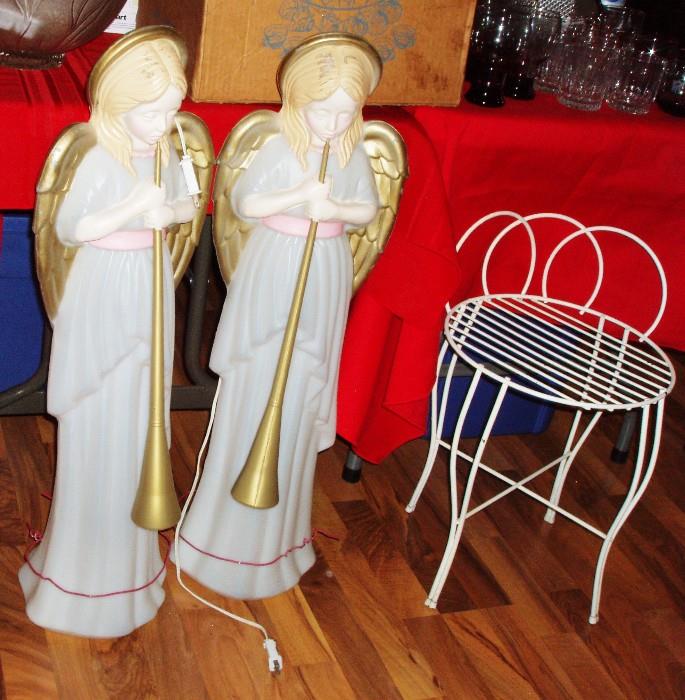 angel plastic blow molds and white iron stool