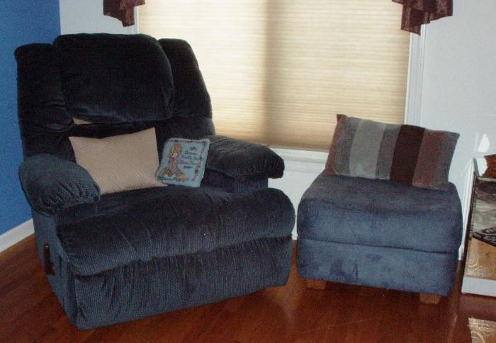 soft blue recliner and ottoman