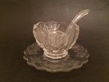 Vintage Mayo or jelly dish with underplate and glass spoon, 'Paneled Grape' in clear glass by Westmoreland Glass Company.  