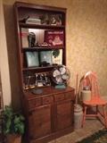 Vintage maple wood bookcase cabinet wall unit (1 of 2) of the American Colonial style, 1960's.  