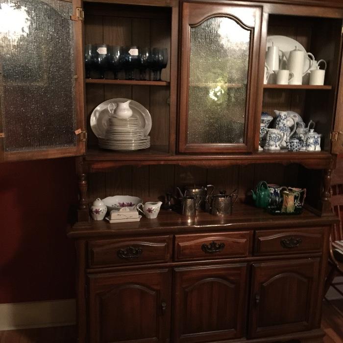 China Cabinet with set of Royal Doulton Dishes, blue & white transfer ware, Mikasa blue stem glasses & misc. pieces.