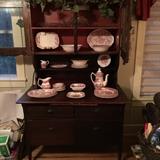 Antique Hosier Cabinet with metal flour drawer; red transferware (different makers)