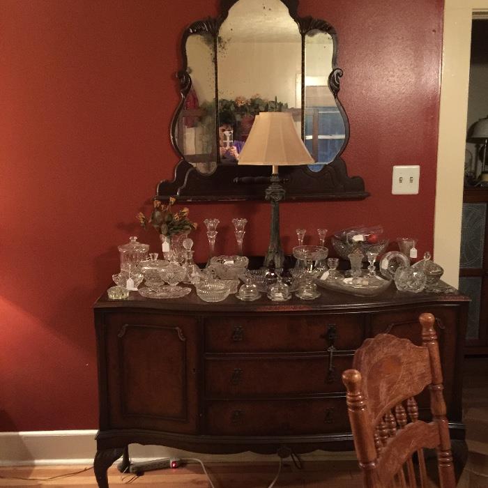 antique buffet with depression era glass, antique mirror