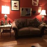 love seat two end tables, vintage lamps, mirror & prints, wall sconce