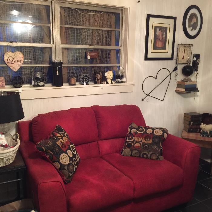 red love seat, misc items
