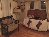 antique love seat, burlap lamp, jewelry table (jewelry not there yet)