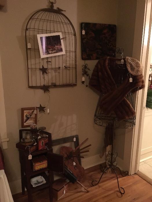 dress form with fur jacket/wrap, wall birdcage picture holder, smoking stand, misc