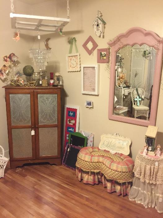 hanging window frame, pie safe (full of arts and crafts),  vintage pink mirror, stool/ottoman, misc smalls and  wall decor