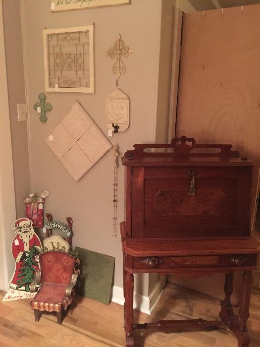 early 1800's desk, metal doll chair, christmas decor, wall decor