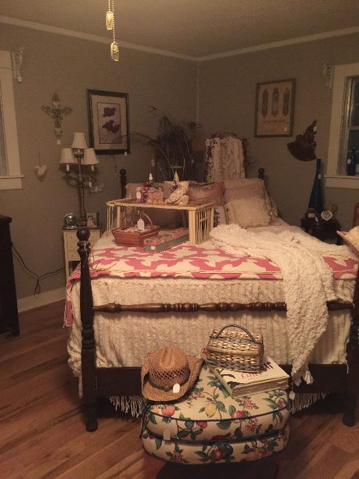 antique bed, chenille bedspread, quilt, bed tray, foot stool, lots decor