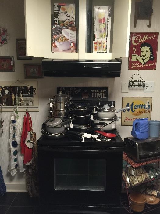 self cleaning glass top oven, pots & pans, misc items