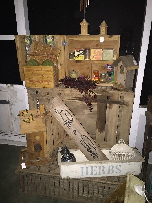 2 antique chicken coops, rustic signs, crates, bird houses, misc