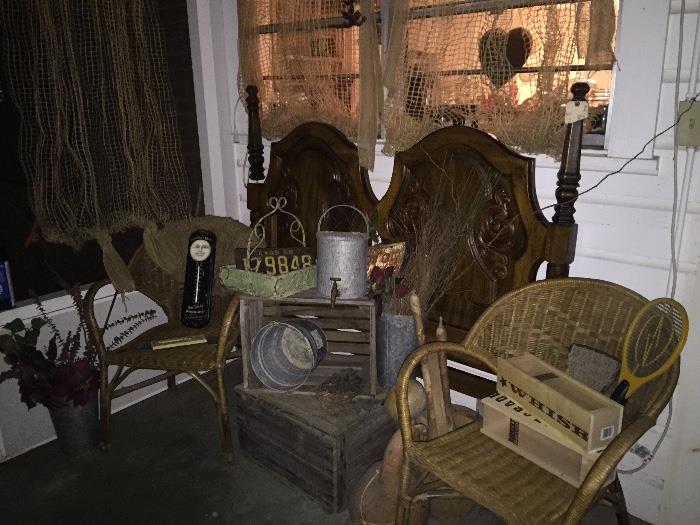 2 wicker chairs, wood crates, buckets, baskets, boxes, headboard, fabric, thermometers, etc
