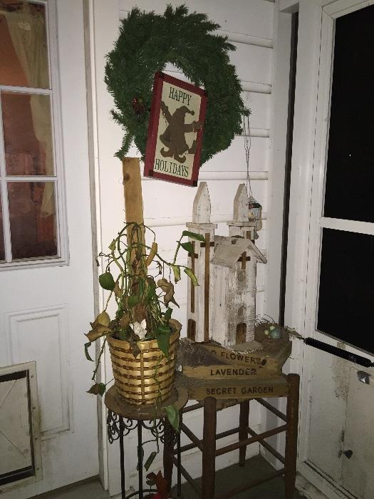 plant stand, rush stool, bird house, wreath, misc