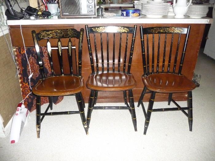 2 Vtg Hitchcock Black Fan Top Windsor Dining Chairs and 1 HITCHCOCK ARROW BACK CHAIR / all painted and signed