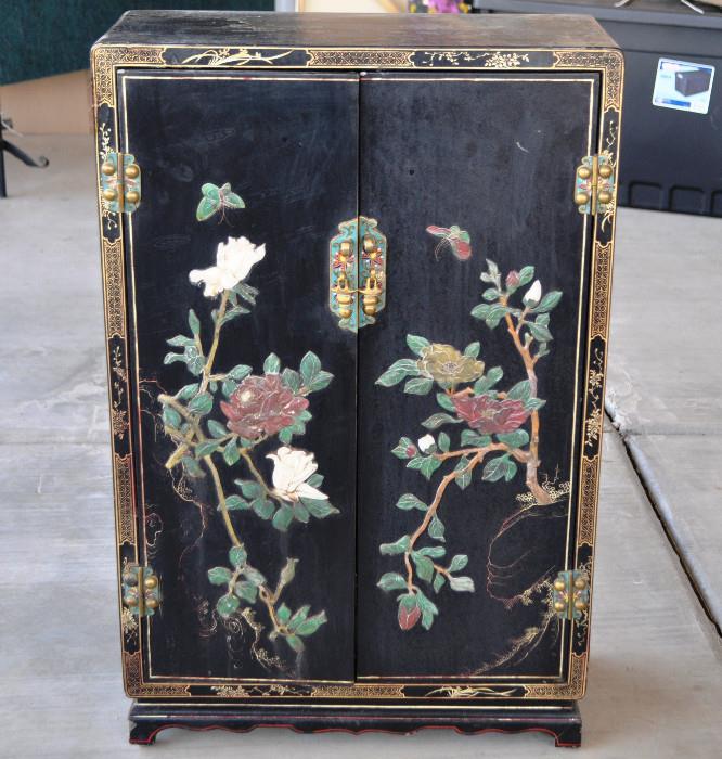 ANTIQUE-CHINESE WOOD BLACK CABINET WITH CLOISONNE GREEN JADE HARD STONE Size: 28"H x 18"W x 8"D