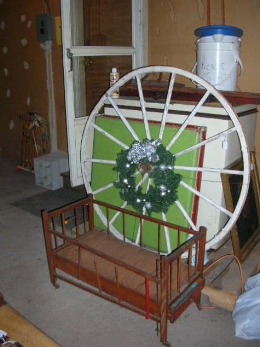 Great wagon wheel, doll crib