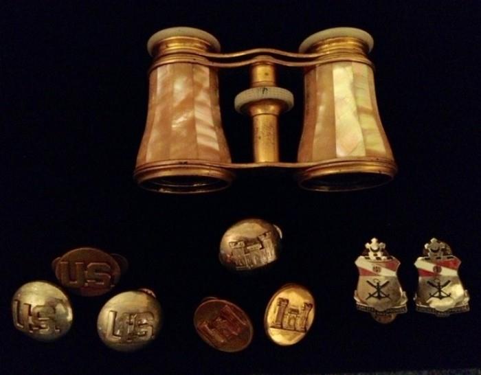 Mother-of-Pearl opera glasses and military pins