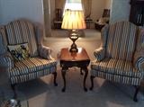 Pair of striped wing back chairs