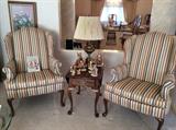 Floral wing back chairs, side table, Hummel collection 