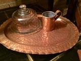 Vintage Hammered Copper Tray, Glass Domed Serving Dish and Copper Mug