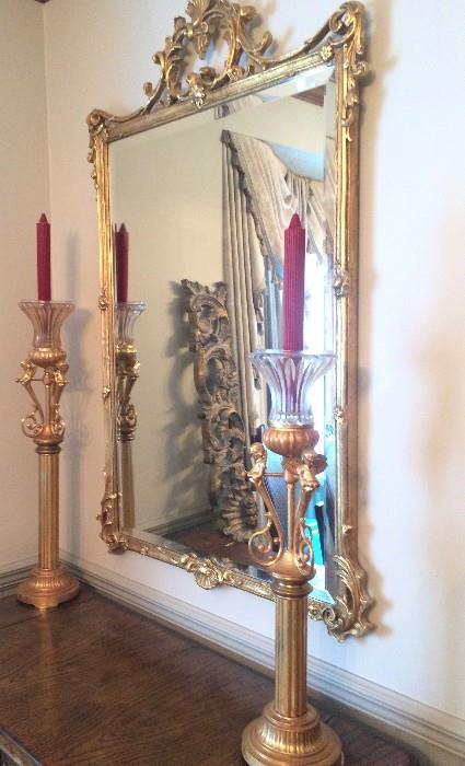 Stunning, graduated, heavy candlesticks with angels; gorgeous bevelled scrolling gilded mirror