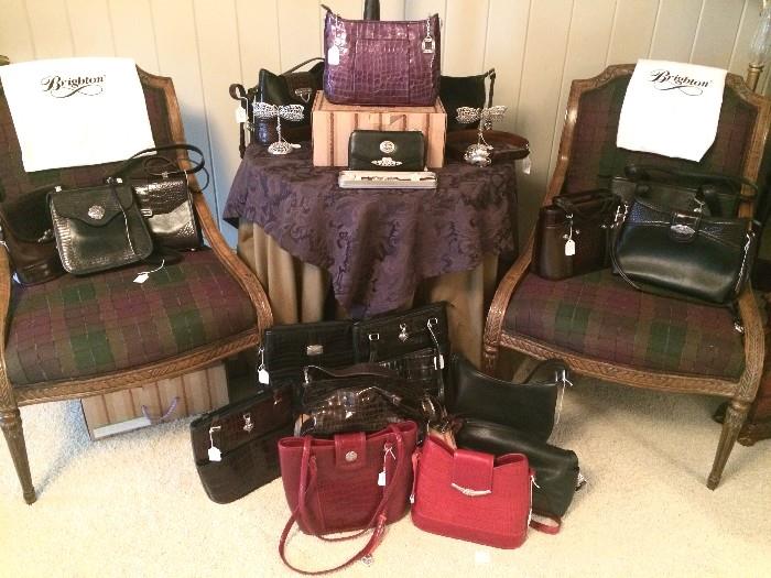 A selection of the Brighton purses; boxes are included. Also note carved side chairs