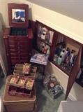 jewelry chest and much bathroom misc