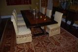 KAMAGONG AND NARRA DINING TABLE -- EIGHT CUSTOM UPHOLSTERED CHAIRS -- Width: 43 inches - Length: 102 inches