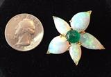 FINE OPAL & CABOCHON EMERALD 18K FLOWER PIN