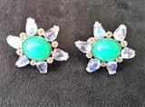 18K WHITE GOLD EARRINGS WITH PRASE OPALS, MOONSTONES AND FANCY YELLOW DIAMONDS