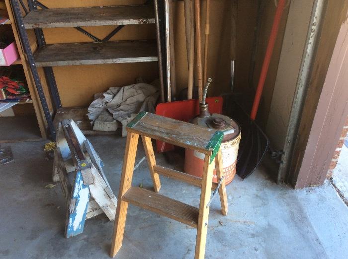 Step stool, small horse, gas can, yard tools