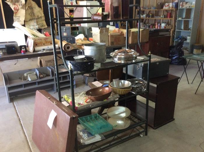 Vintage kitchen items and bakers rack