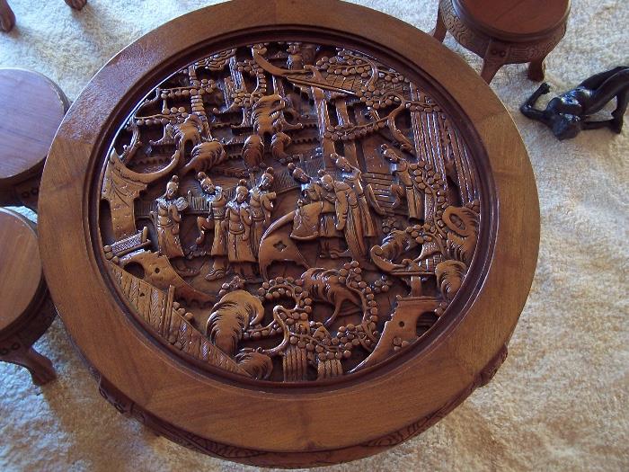 Vintage Oriental Carved Table with 4 Stools