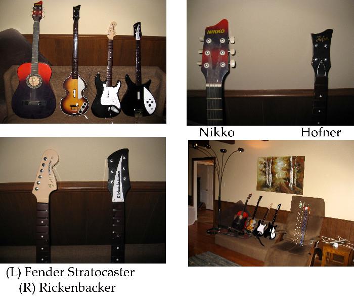 Fender Stratocaster, Rickenbacker, Nikko and Hofner guitars (3) smaller guitars are Xbox controllers  (Hofner, Fender, Rickenbacker