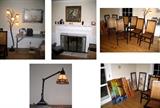 Floor lamp, set of six chairs, (2) stained glass table lamps and pictures