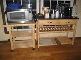 2 wood carts, microwave and coffee machines