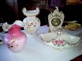 Lace edged vase, Dresden clock and handle bowl