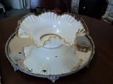 Large white Fenton bowl with gold/yellow edge and plateau mirror --- both from Temple Heights!
