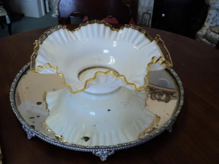 Large white Fenton bowl with gold/yellow edge and plateau mirror --- both from Temple Heights!