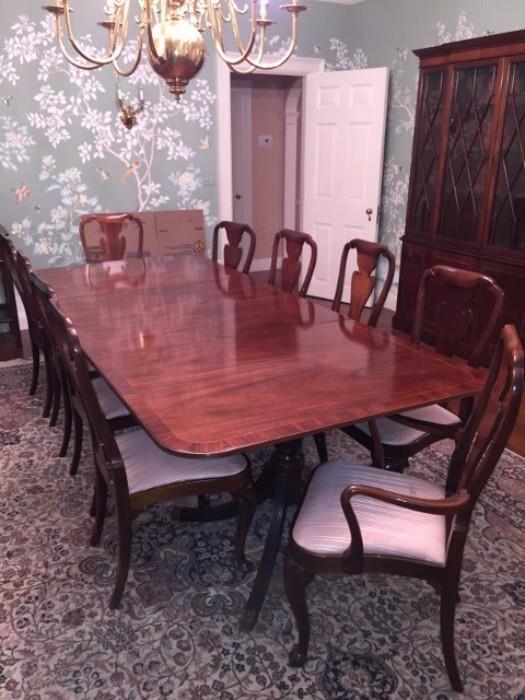 Baker Dining Room Table with 10 Chairs, Breakfront and Hunt Table
