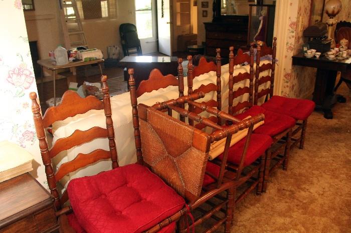 Set of 6 ladderback chairs with rush seats.