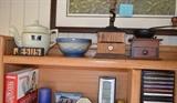 Hall Teapot; stoneware bowl; coffee grinders