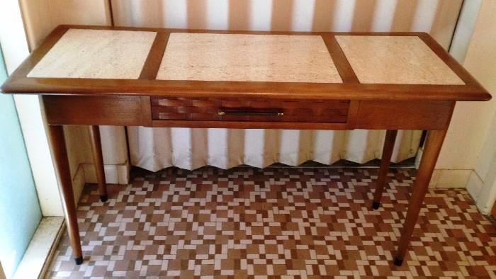 mid century travertine  and walnut console table