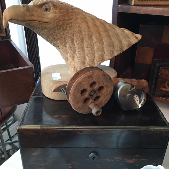 Rare antique string winder along with carved eagle 