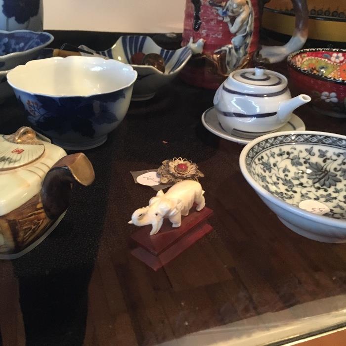 A bit of antique carved ivory and ceramics, oriental or Japanese some 19th century hand painted