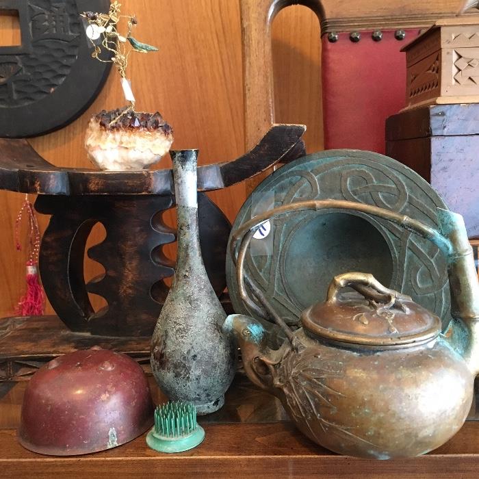 Fine Asian bronze tea pot and Chinese wooden "pillow"